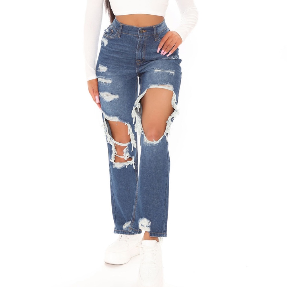 Ripped Straight Leg Perfect Boyfriend Jeans
